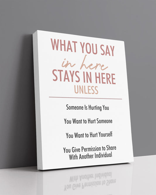 What You Say In Here Stays In Here - Wall Decor for Therapy Office - Mindfulness Wall Decor - Counseling Office - Mental Health Wall Art - School Psychologist, Therapist