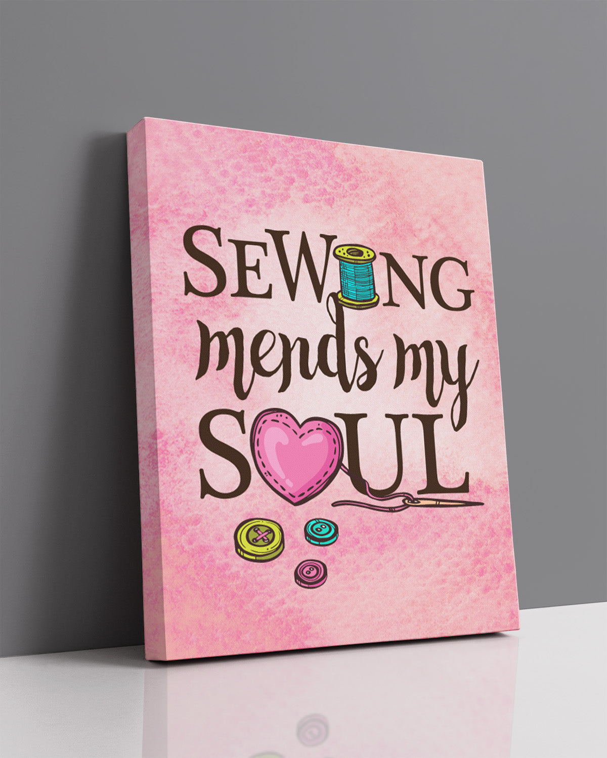 Sewing Mends My Soul - Sewing Wall Art Decor Print with a pink background - Poster & Canvas Sizes
