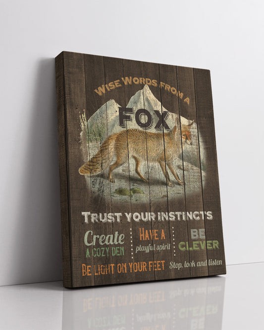 Wise Words From A Fox - Motivational Fox Wall Art Decor Print with a brown background