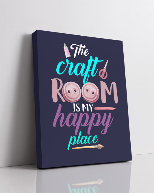 Govivo The Craft Room Is My Happy Place - A Cute Craft Room Wall Art Decor Print with a dark blue background