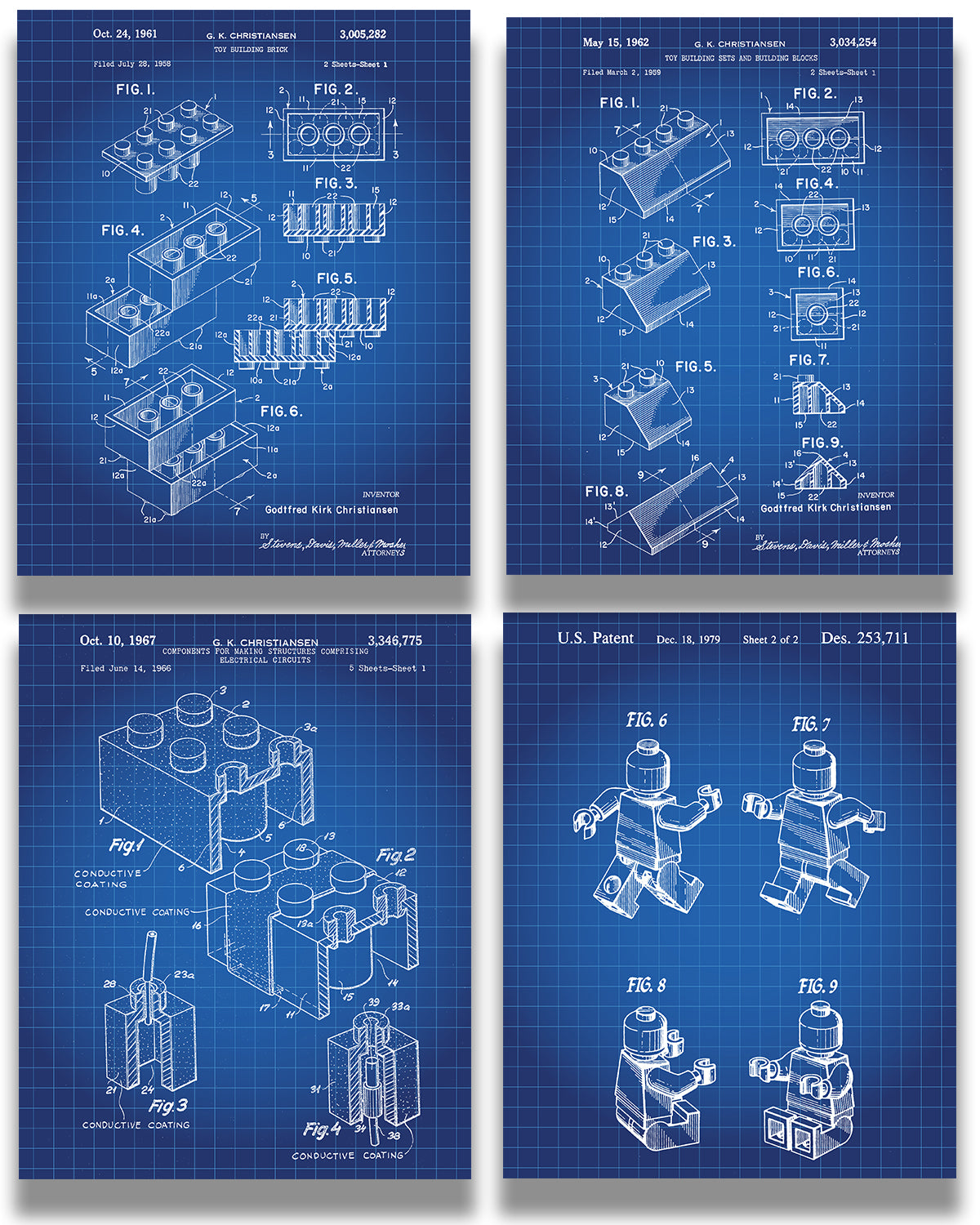 Legos Patent - A Set of Four Lego Patents Wall Art Decor Prints with blue backgrounds - unframed artwork