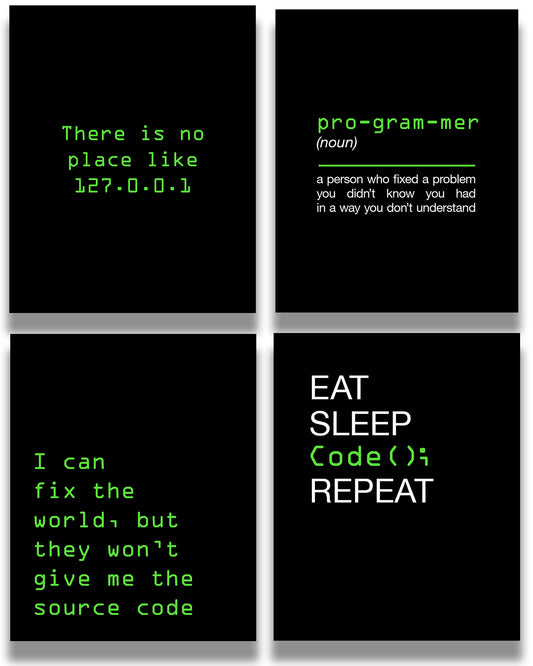 Coding Gifts Room Decor - Set of 4 Fun Office Decor - Great Wall Art Gift for Programmers, Graduation, New Job, Student