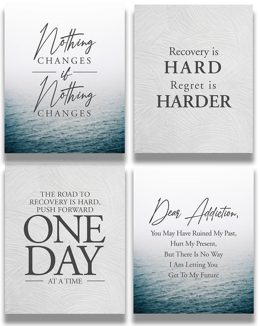 Addiction Recovery Wall Decor - Set of 4 Sobriety Inspirational Wall Art Designs - Sober Encouragement Room Decor - Gifts for women and men