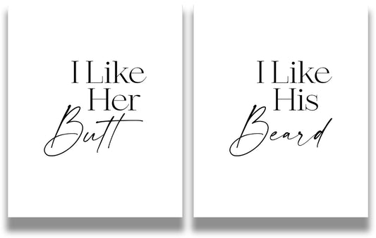 I Like His Beard, I Like Her Butt Wall Art Prints (Set of 2) - Master Bedroom Decor for Couples - Boho Wall Prints - Minimalist Wall Art - Anniversary and Wedding Gifts