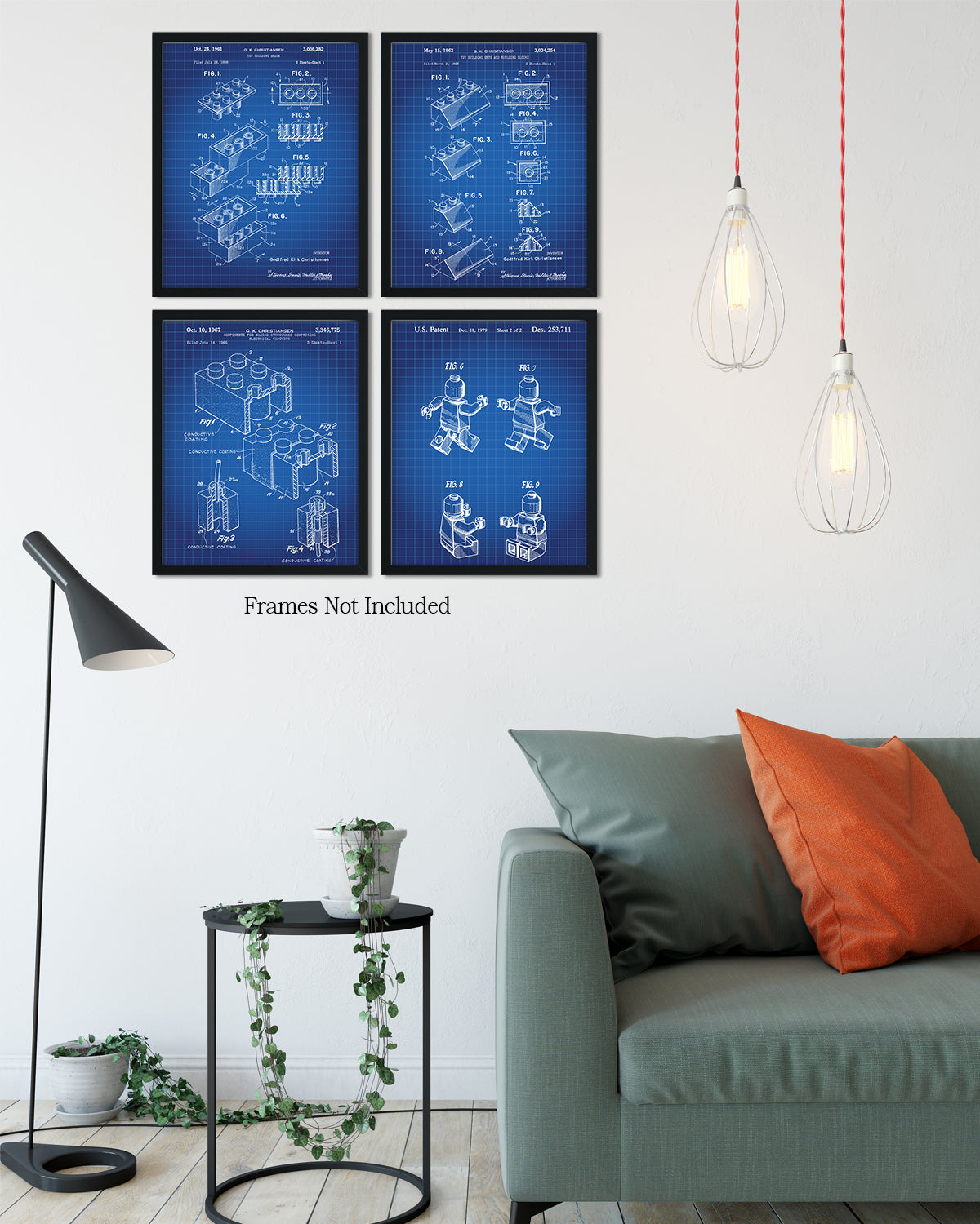 Legos Patent - A Set of Four Lego Patents Wall Art Decor Prints with blue backgrounds - unframed artwork
