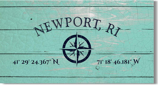 Newport, RI 41° 29' 24.367" N, 71° 18' 46.181" W - Wall Decor Art Canvas with a distressed light turquoise woodgrain background - Ready to Hang - Great for above a couch, table, bed or more