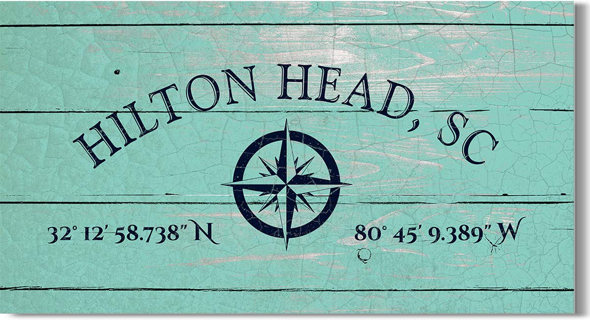 Hilton Head, SC 32° 12' 58.738" N, 80° 45' 9.389" W - Wall Decor Art Canvas with a distressed light turquoise woodgrain background - Ready to Hang - Great for above a couch, table, bed or more