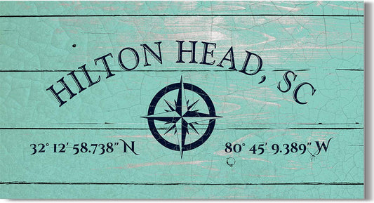Hilton Head, SC 32° 12' 58.738" N, 80° 45' 9.389" W - Wall Decor Art Canvas with a distressed light turquoise woodgrain background - Ready to Hang - Great for above a couch, table, bed or more
