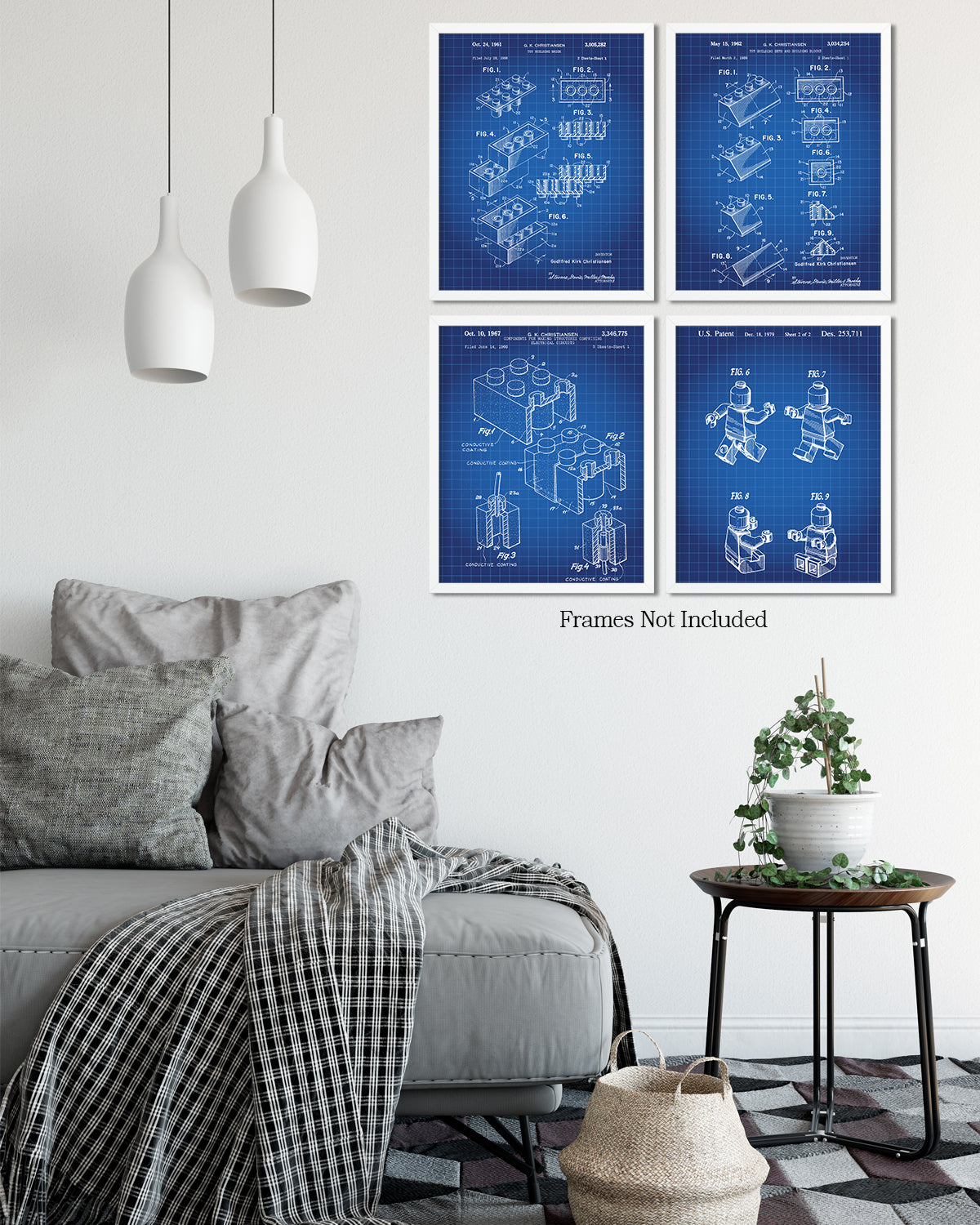 Legos Patent - A Set of Four Lego Patents Wall Art Decor Prints with blue backgrounds - unframed artwork