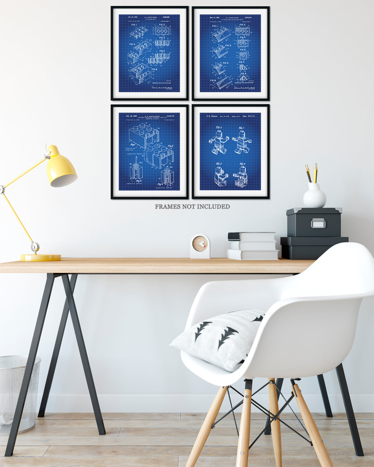 Legos Patent - A Set of Four Lego Patents Wall Art Decor Prints with blue backgrounds - unframed artwork