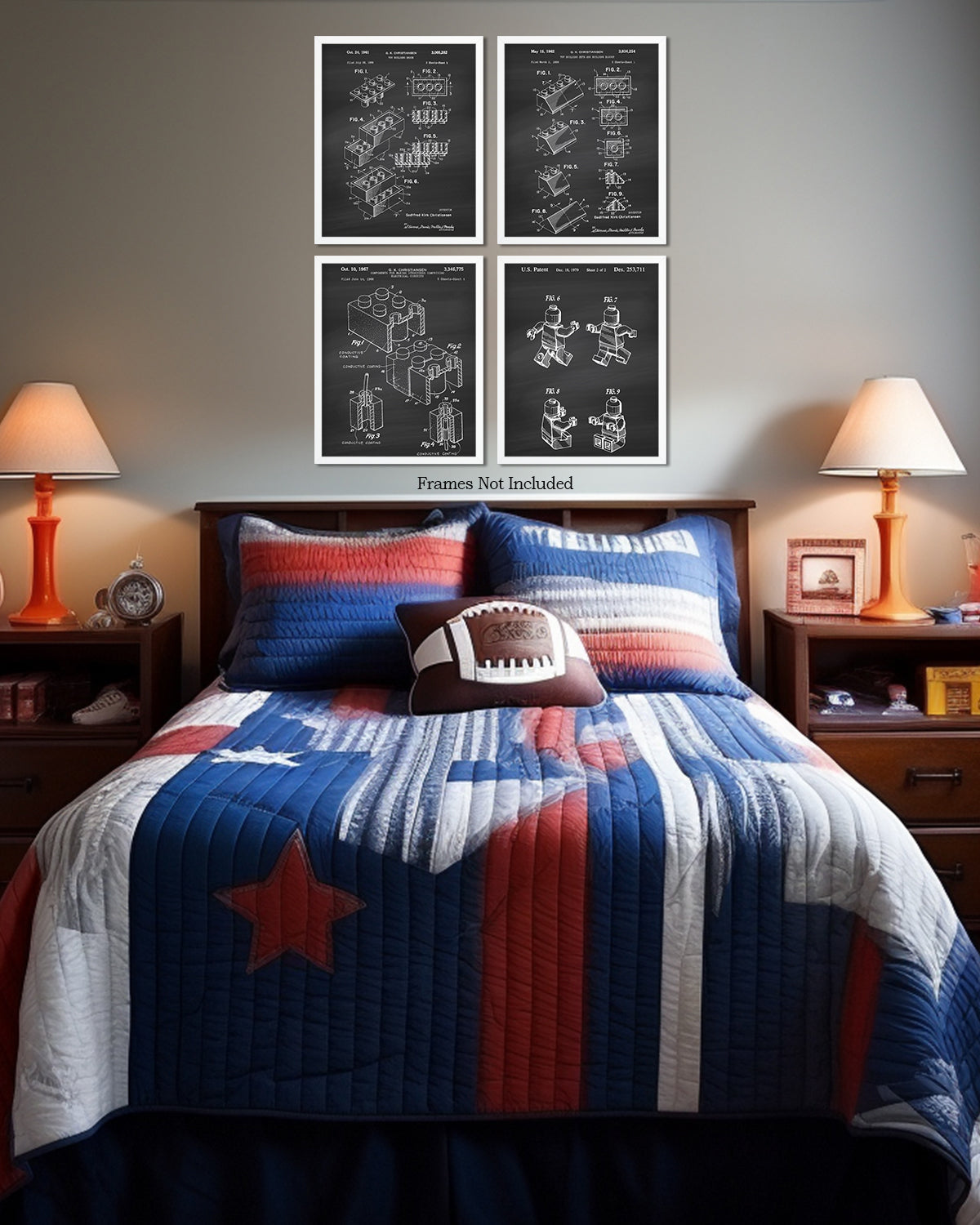 Legos Patent - A Set of Four Lego Patents Wall Art Decor Prints with chalk backgrounds