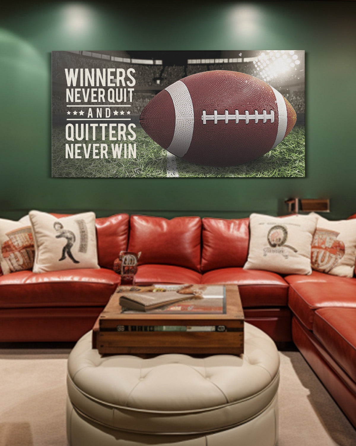 Winners never quit and quitters never win fottball them wall decor