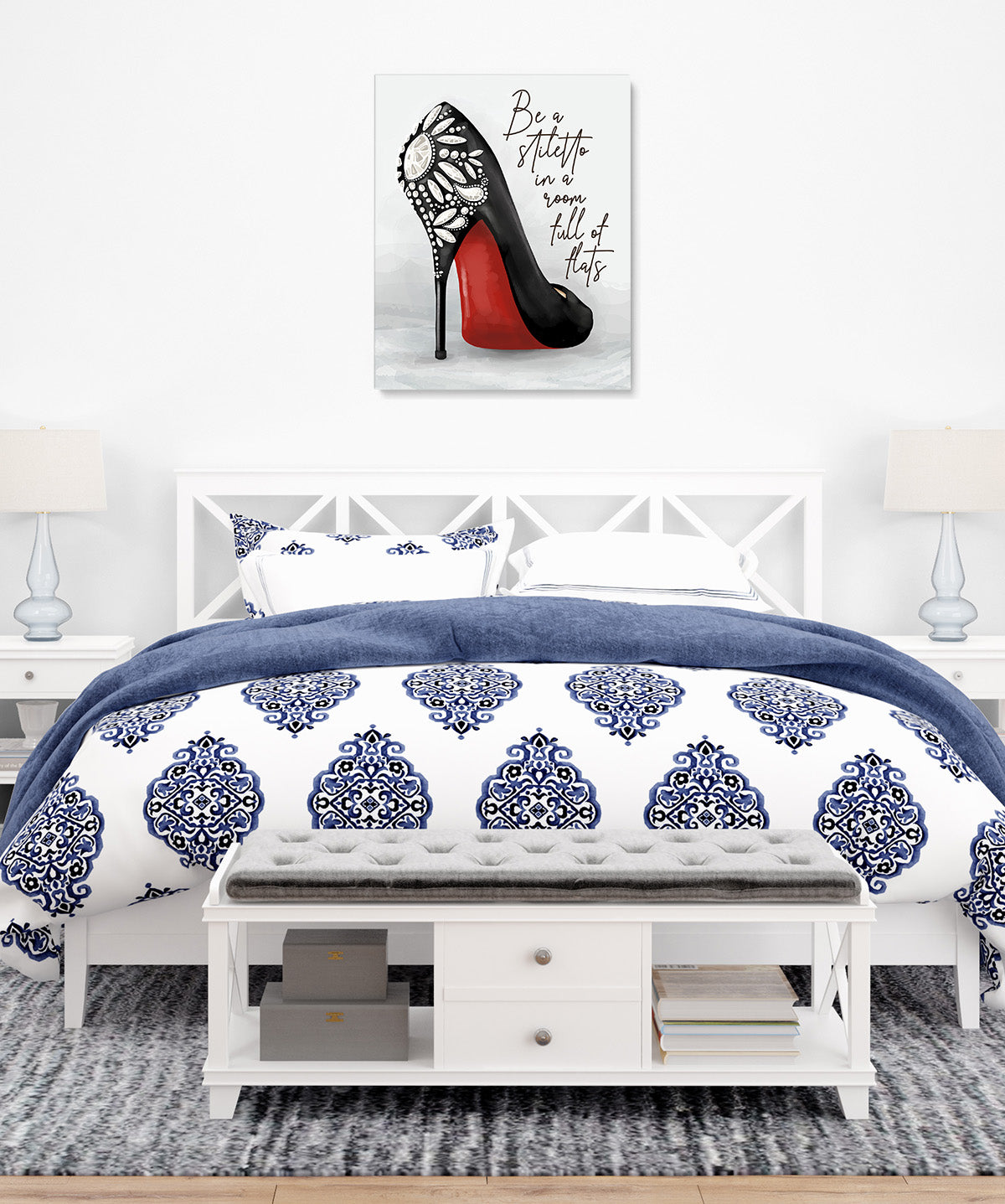Be A Stiletto In A Room Full Of Flats - Shoes Fashion Quote Wall Decor Art Print on a light gray background - unframed artwork printed on canvas