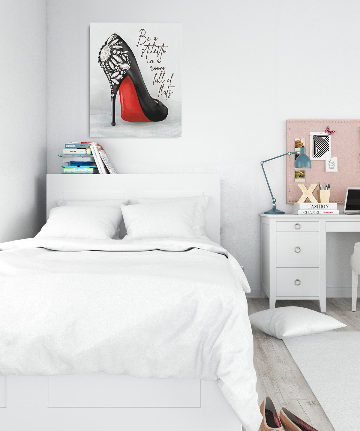 Be A Stiletto In A Room Full Of Flats - Shoes Fashion Quote Wall Decor Art Print on a light gray background - unframed artwork printed on canvas