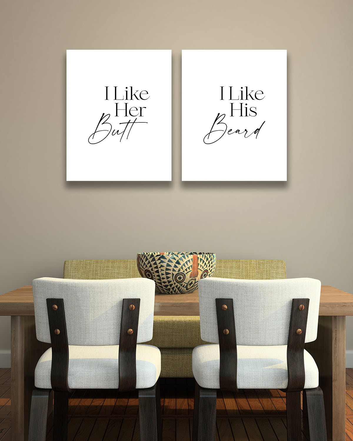 I Like His Beard, I Like Her Butt Wall Art Prints (Set of 2) - Master Bedroom Decor for Couples - Boho Wall Prints - Minimalist Wall Art - Anniversary and Wedding Gifts