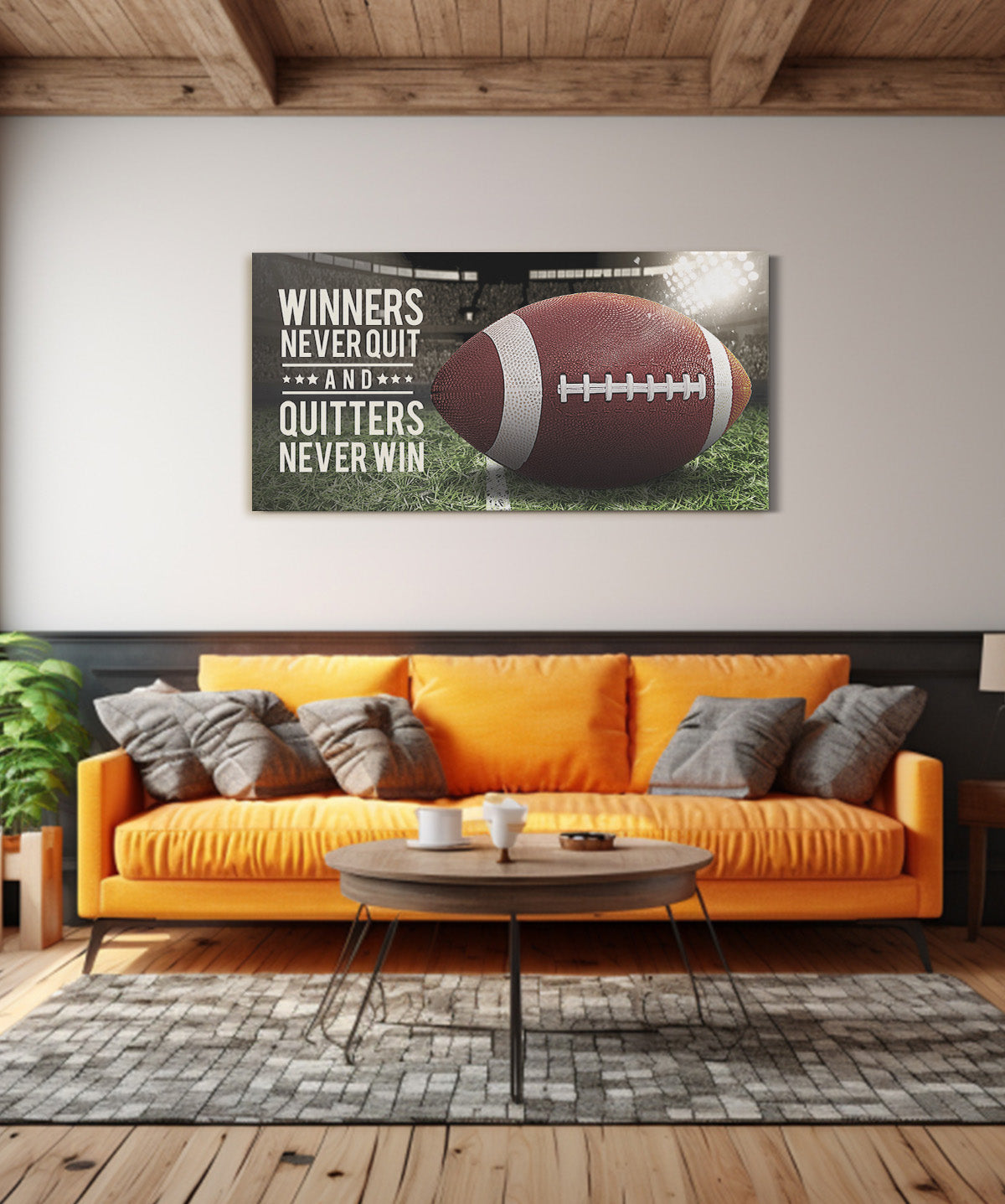 Winners never quit and quitters never win fottball them wall decor
