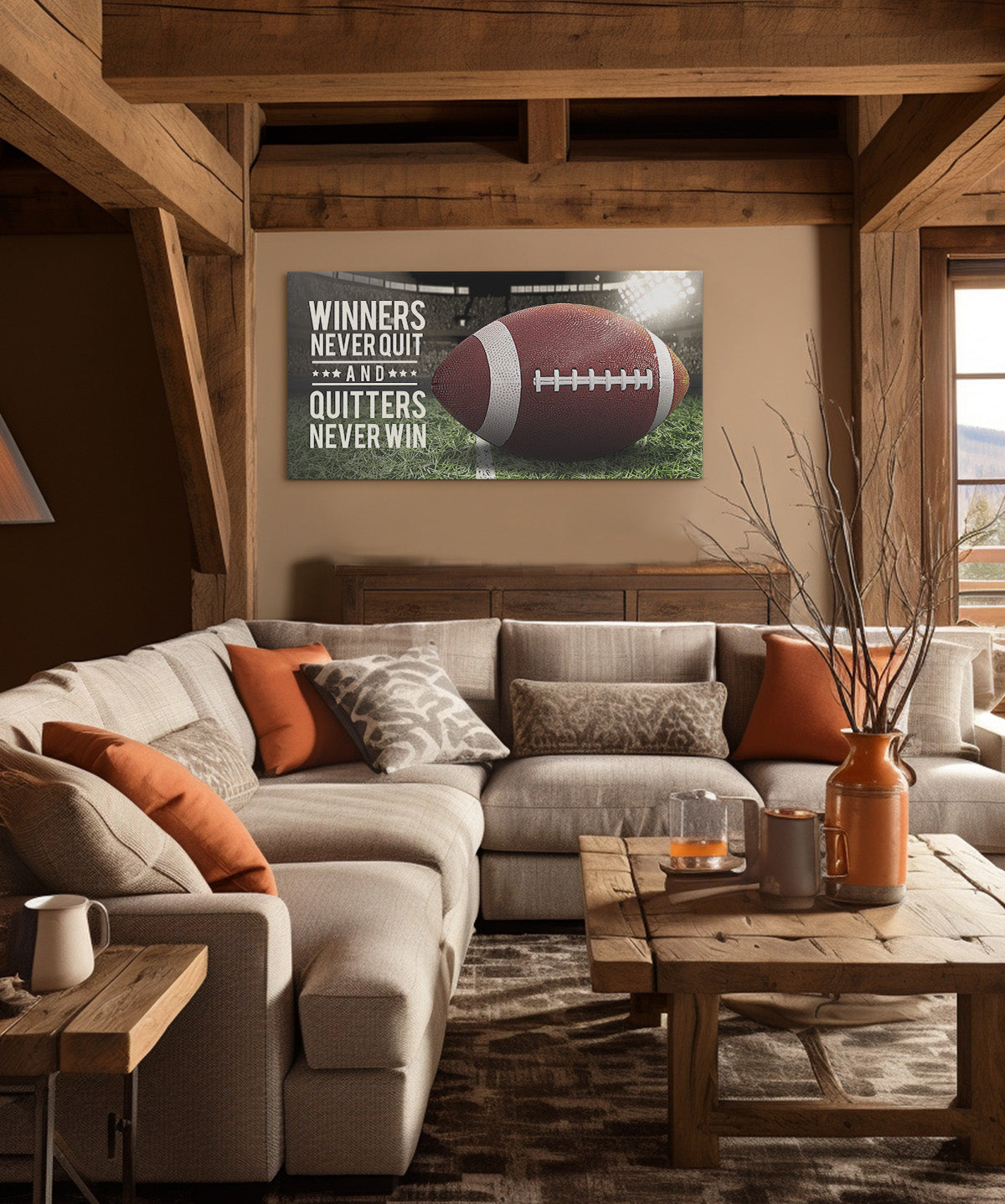 Winners never quit and quitters never win fottball them wall decor
