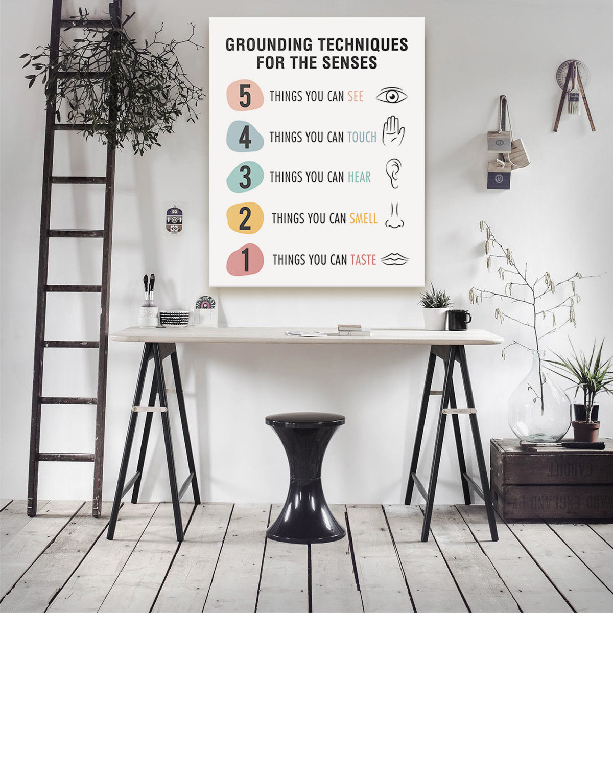 Grounding Techniques for the Senses - Wall Decor for Therapy Office - Mindfulness Wall Decor - Counseling Office - Mental Health Wall Art - School Psychologist, Therapist