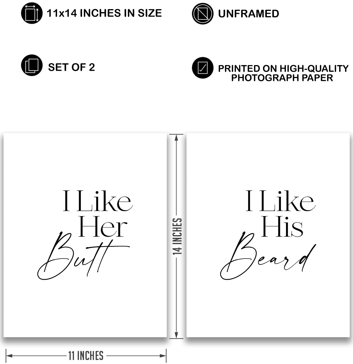 I Like His Beard, I Like Her Butt Wall Art Prints (Set of 2) - Master Bedroom Decor for Couples - Boho Wall Prints - Minimalist Wall Art - Anniversary and Wedding Gifts