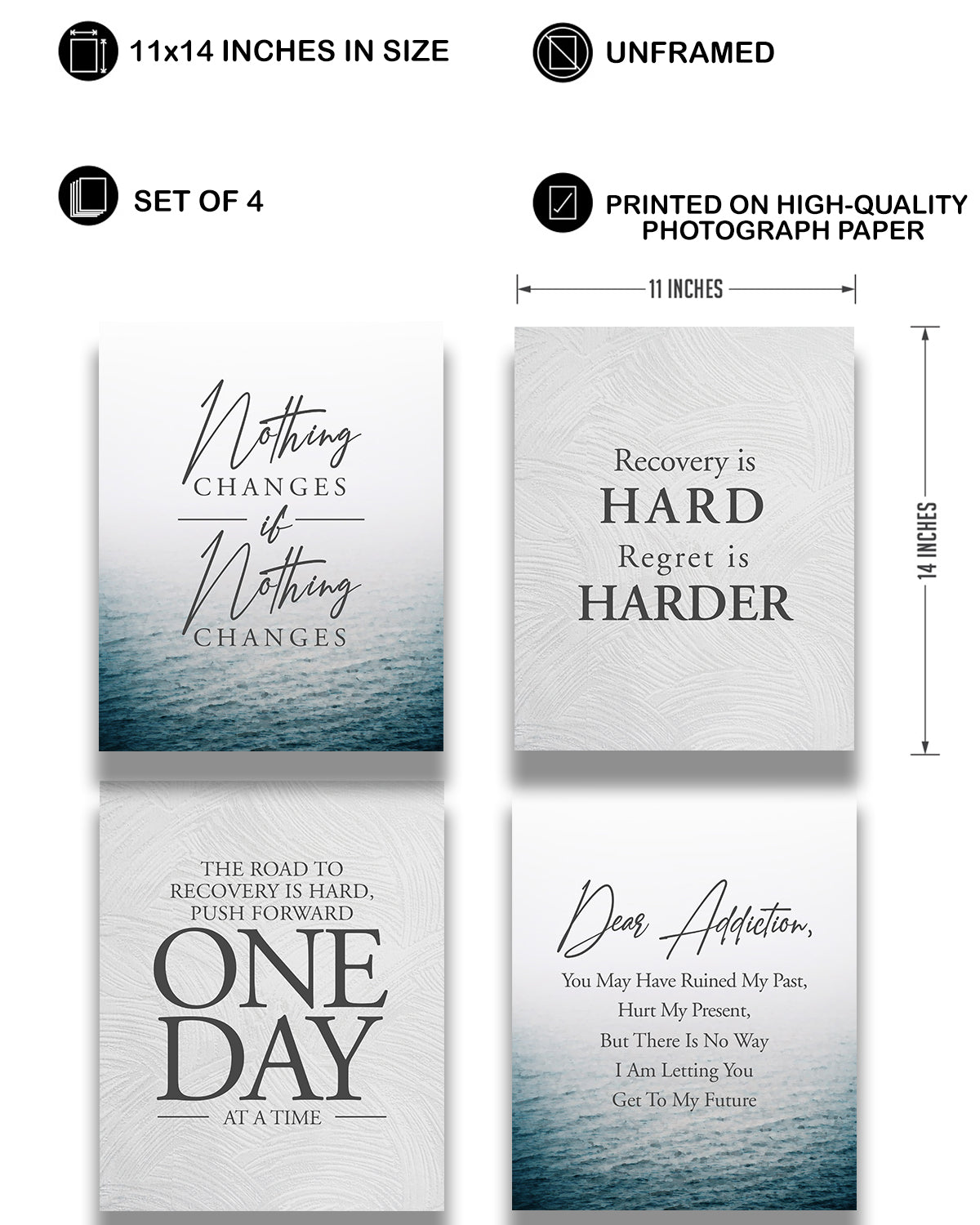 Addiction Recovery Wall Decor - Set of 4 Sobriety Inspirational Wall Art Designs - Sober Encouragement Room Decor - Gifts for women and men