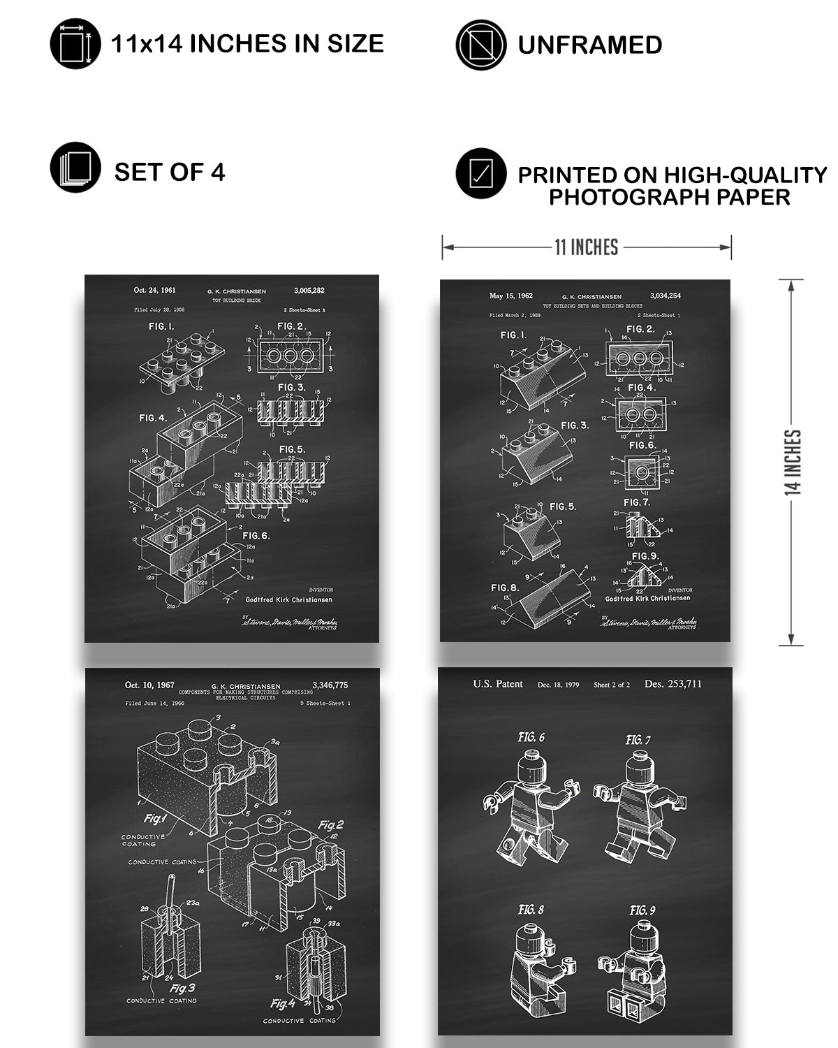 Legos Patent - A Set of Four Lego Patents Wall Art Decor Prints with chalk backgrounds