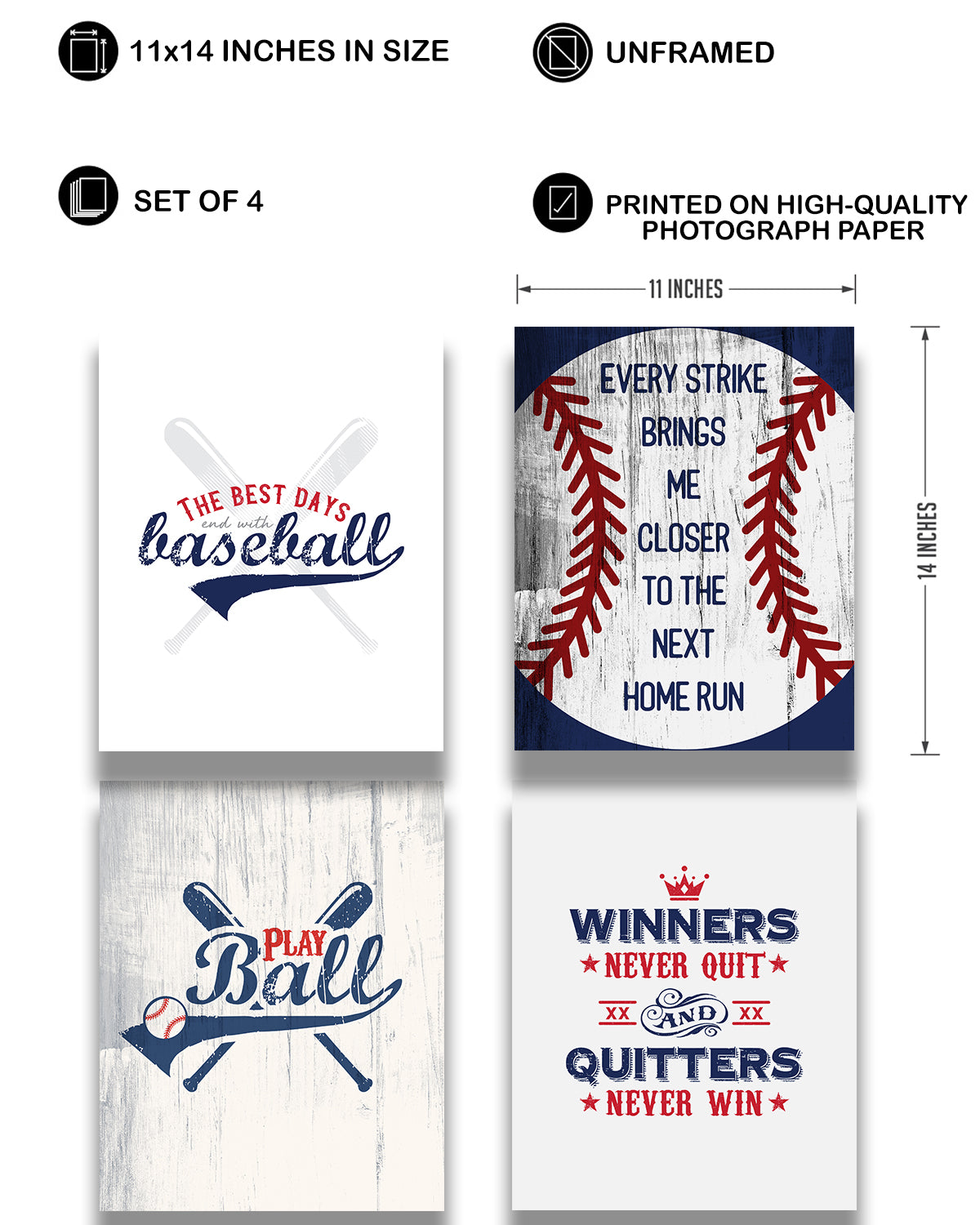Inspirational Baseball Wall Art for Boys, Kids Room, Family or Game Room, Man Cave, Den - Home Decor Gift for Sports Fans, Baseball Players