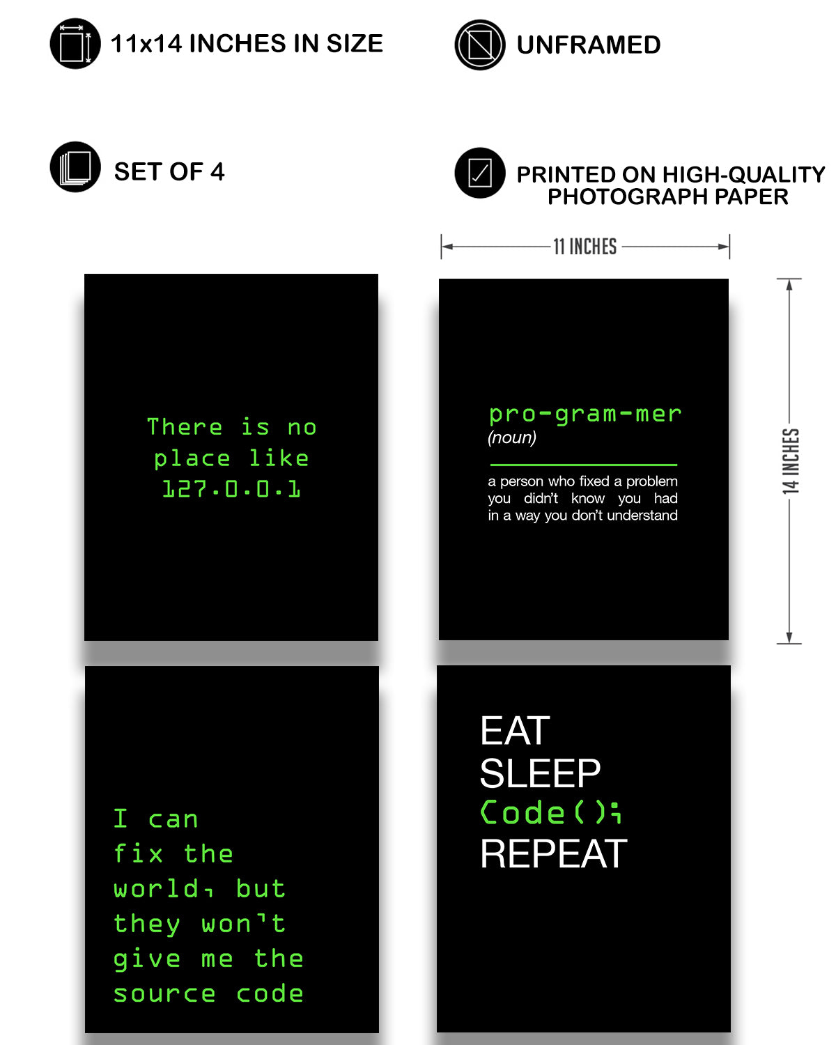 Coding Gifts Room Decor - Set of 4 Fun Office Decor - Great Wall Art Gift for Programmers, Graduation, New Job, Student