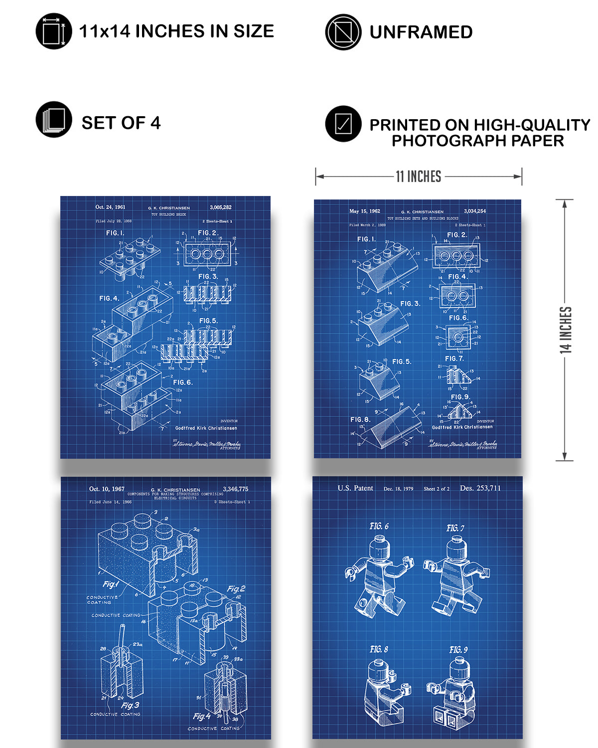 Legos Patent - A Set of Four Lego Patents Wall Art Decor Prints with blue backgrounds - unframed artwork