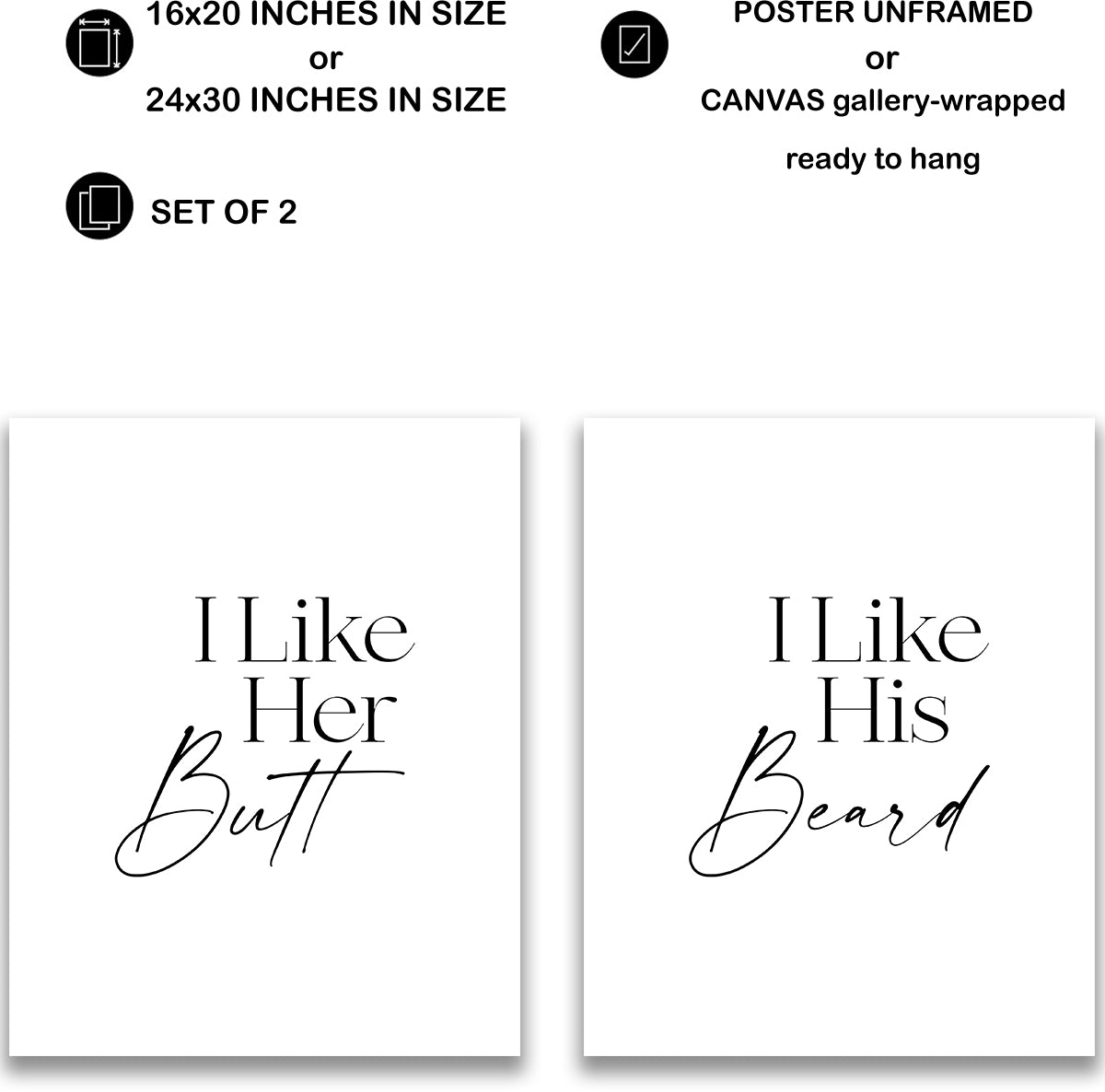I Like His Beard, I Like Her Butt Wall Art Prints (Set of 2) - Master Bedroom Decor for Couples - Boho Wall Prints - Minimalist Wall Art - Anniversary and Wedding Gifts