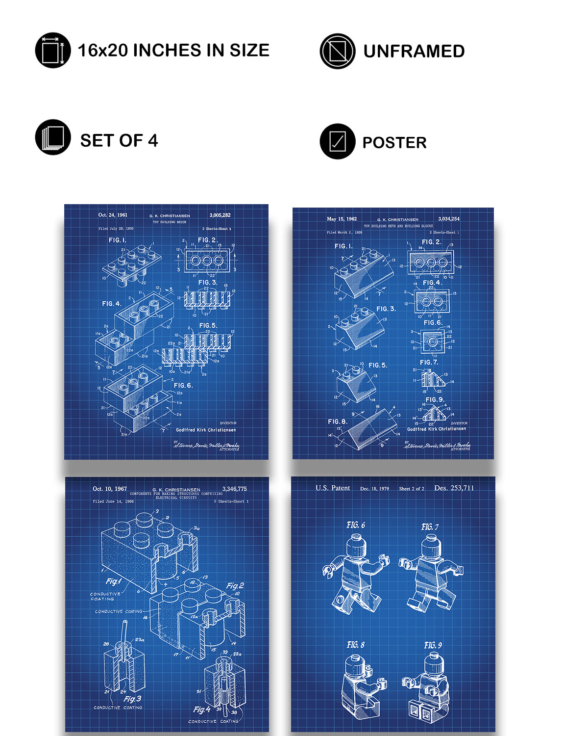 Legos Patent - A Set of Four Lego Patents Wall Art Decor Prints with blue backgrounds - unframed artwork