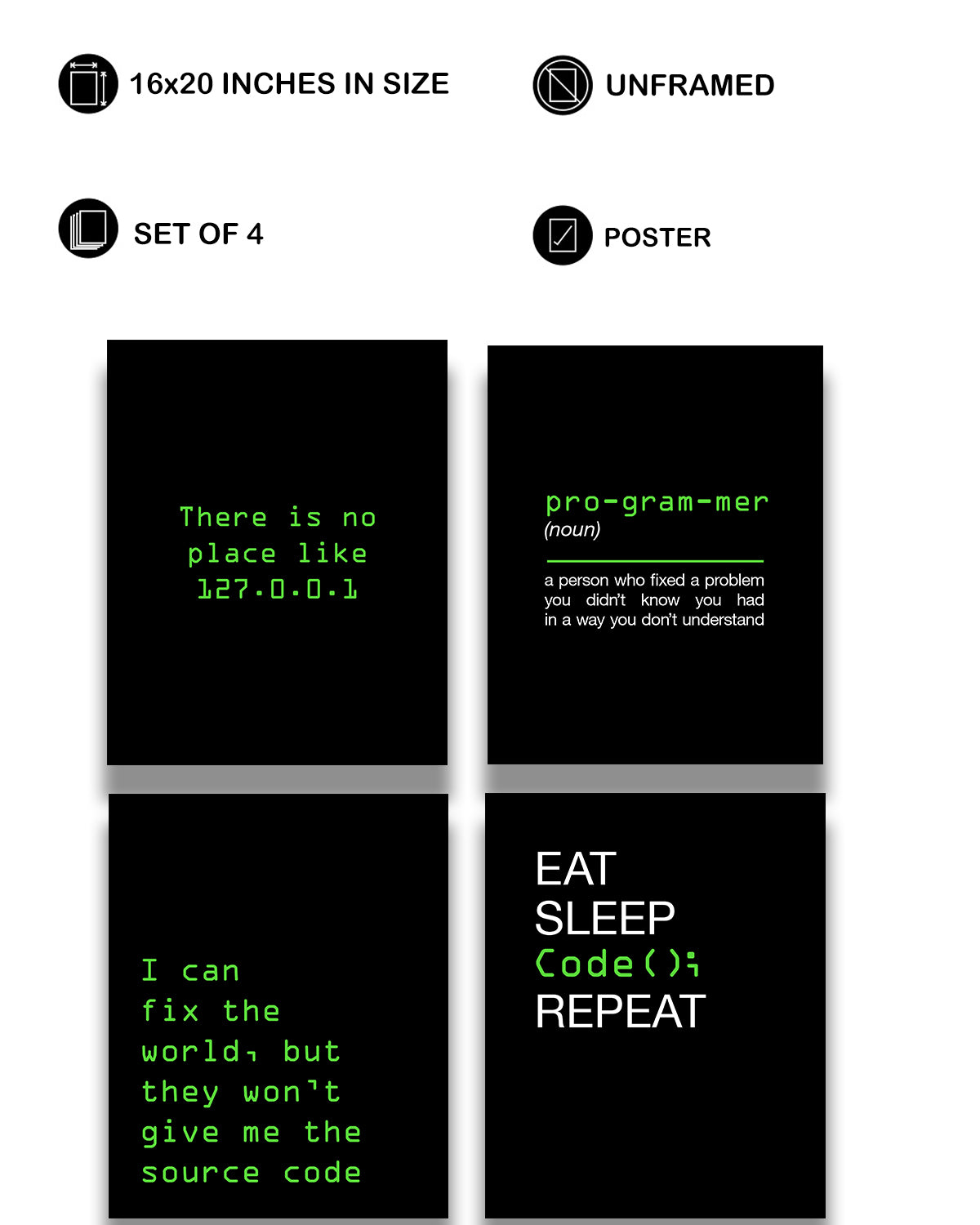 Coding Gifts Room Decor - Set of 4 Fun Office Decor - Great Wall Art Gift for Programmers, Graduation, New Job, Student