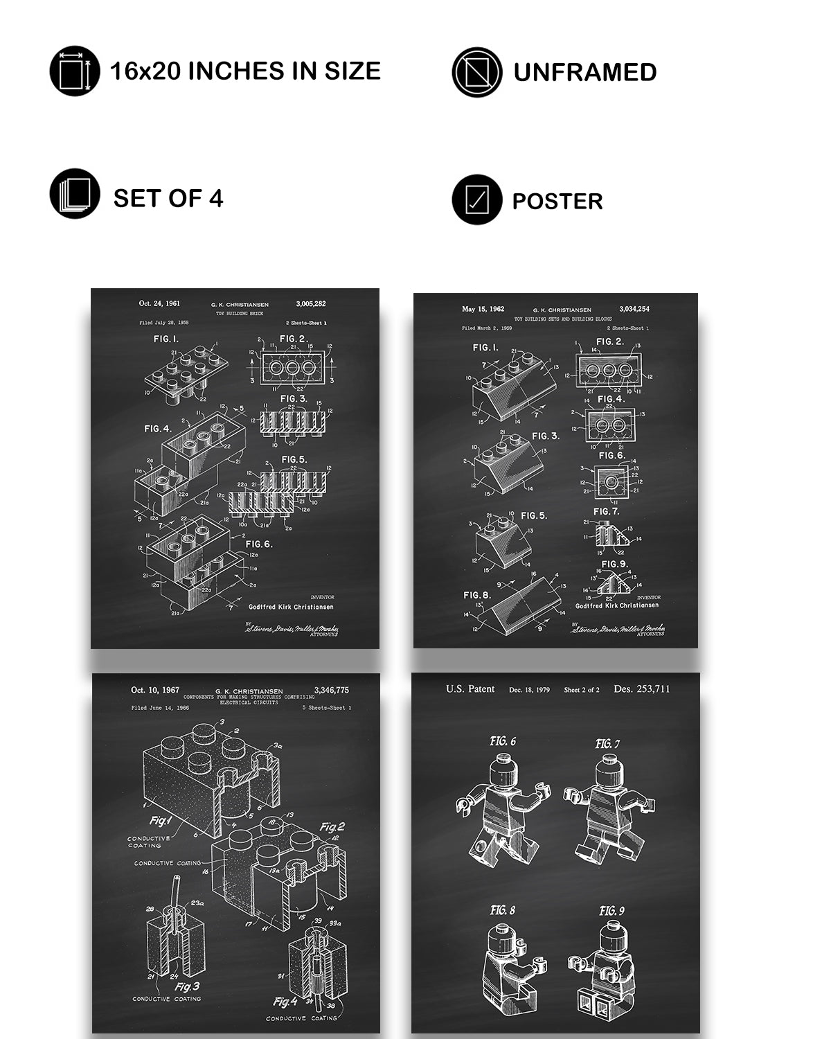 Legos Patent - A Set of Four Lego Patents Wall Art Decor Prints with chalk backgrounds