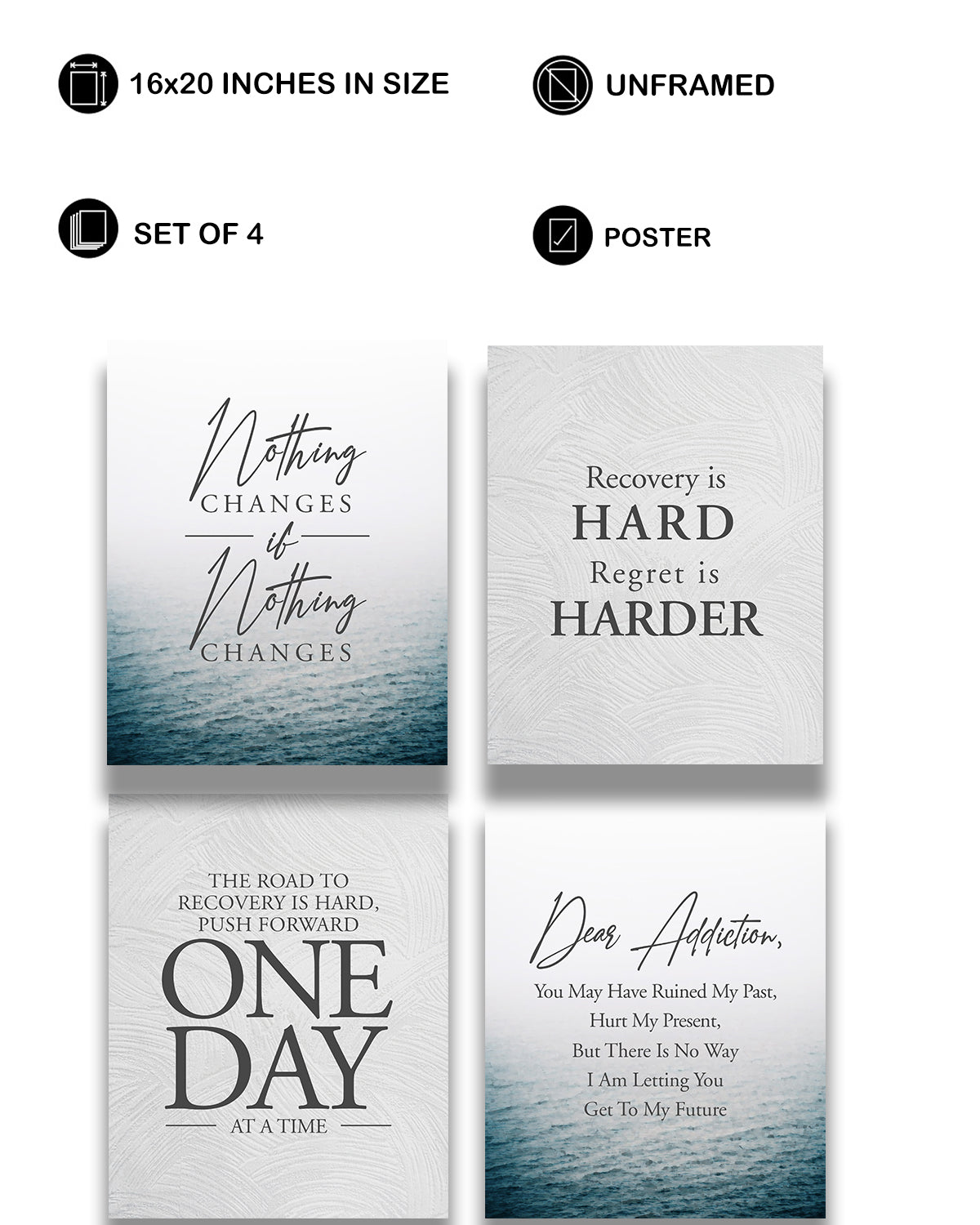 Addiction Recovery Wall Decor - Set of 4 Sobriety Inspirational Wall Art Designs - Sober Encouragement Room Decor - Gifts for women and men