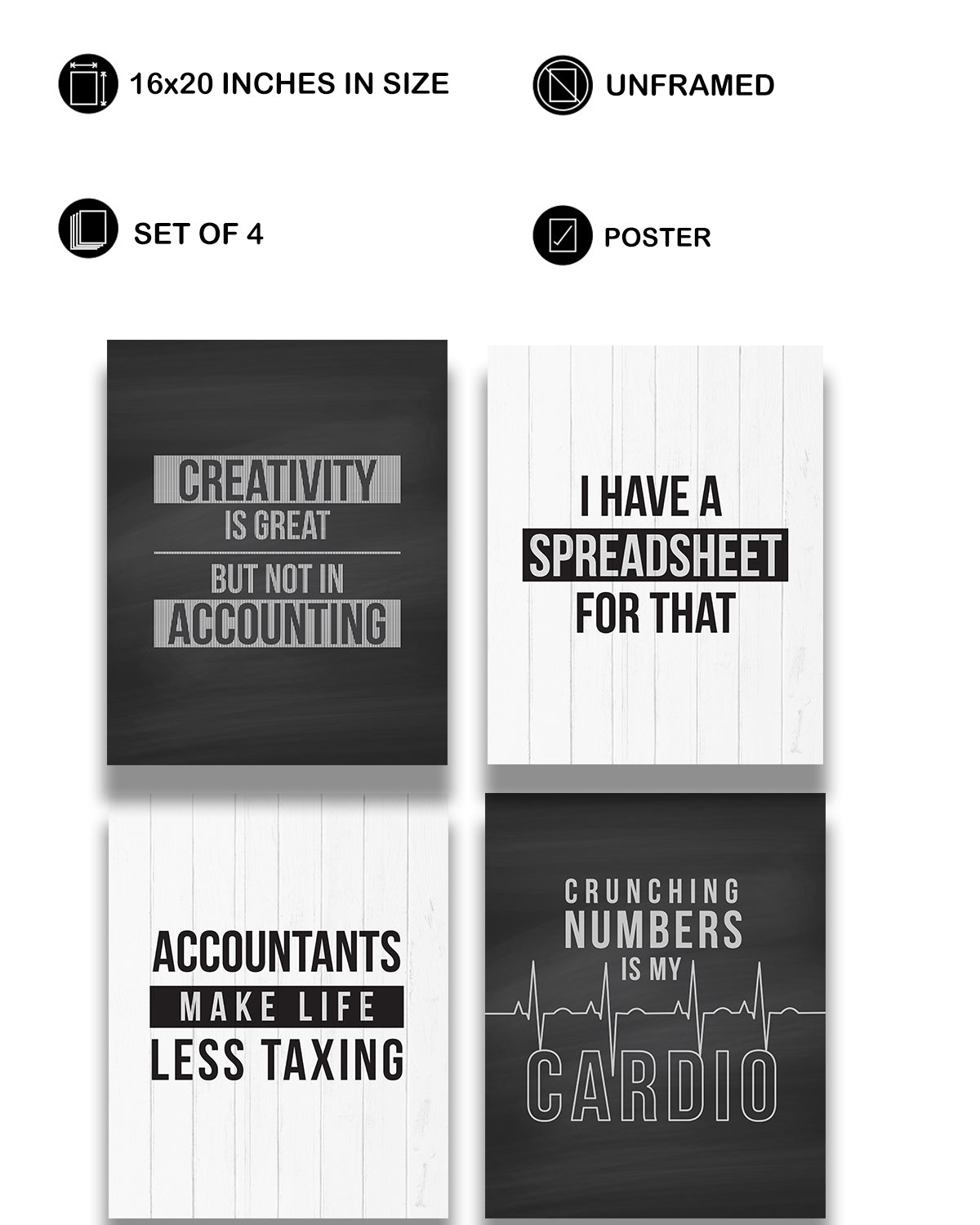 Accounting Gifts Room Decor - Set of 4 Fun Office Decor - Great Wall Art Gift for Accountants CPA, Graduation, New Job, Student