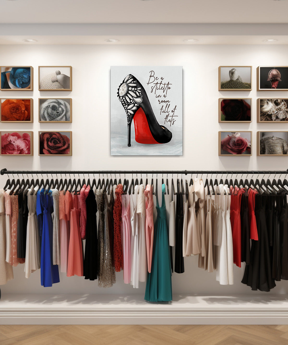 Be A Stiletto In A Room Full Of Flats - Shoes Fashion Quote Wall Decor Art Print on a light gray background - unframed artwork printed on canvas